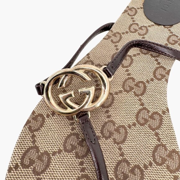 Gucci Interlocking GG Flat Thong Sandals Size 7 Brown Monogram Flip Flop Slide - Picture 6 of 12